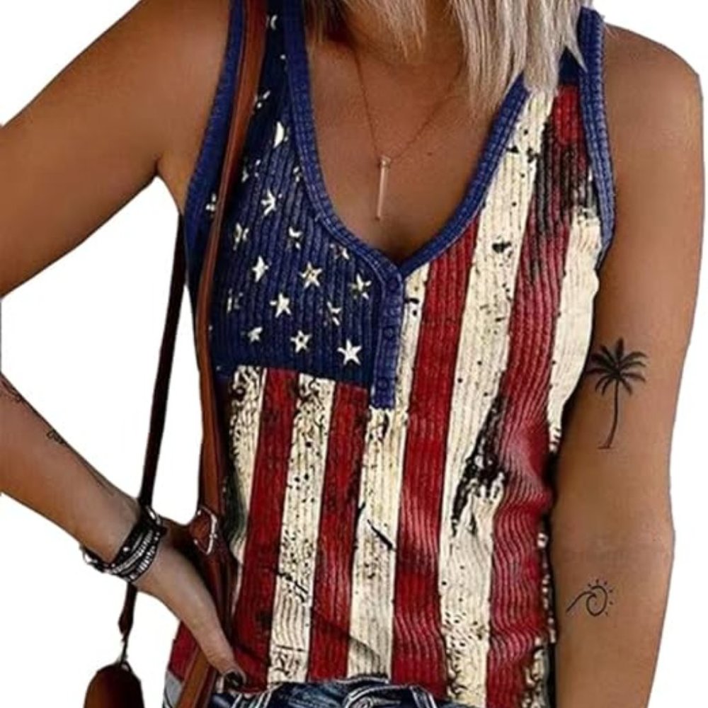 NWOT - Still In Packaging - Earlymemb Womens American Flag Button V-Neck Tank